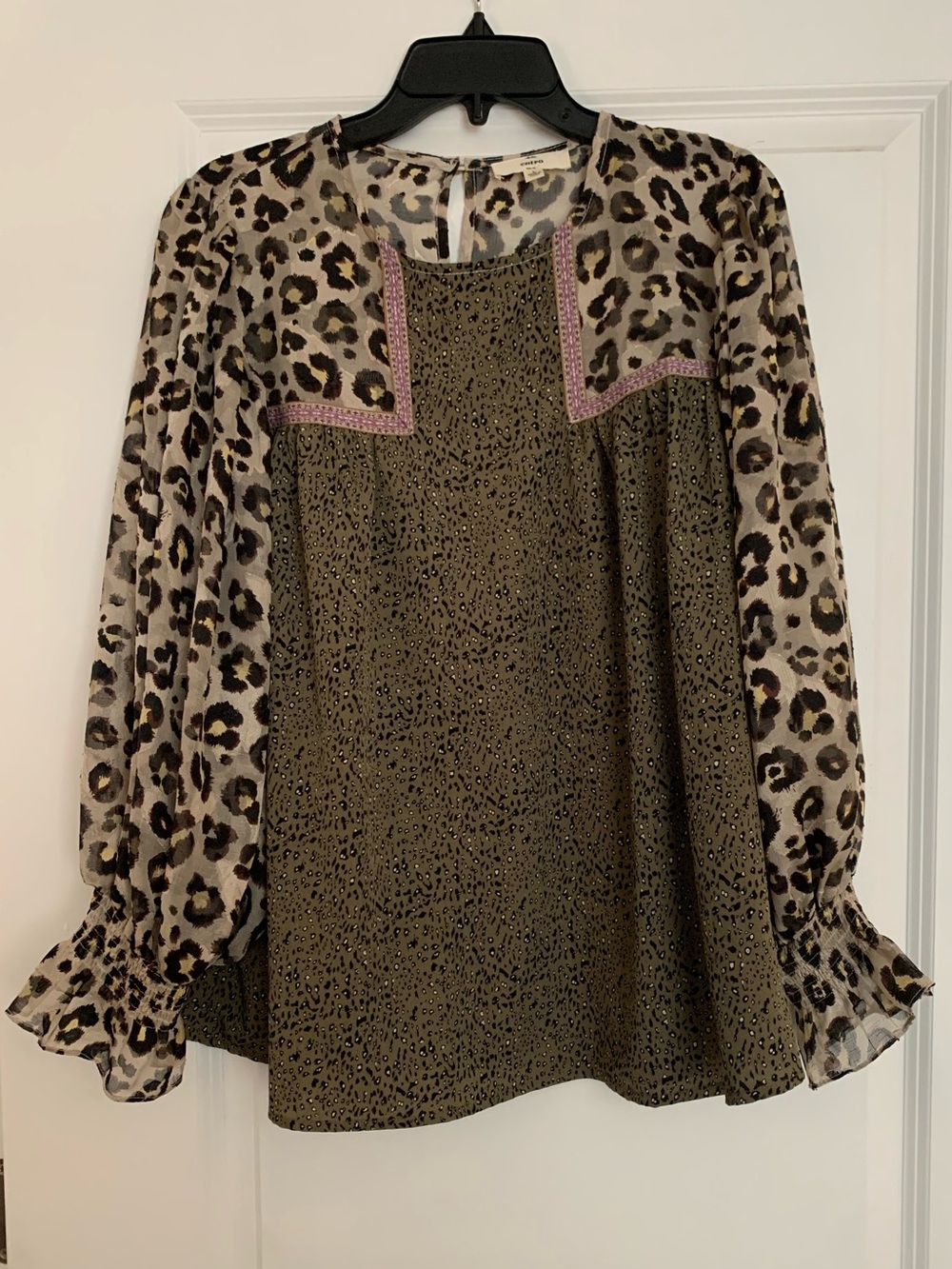 entro Olive Green and Cream Leopard Mixed-Pattern Blouse